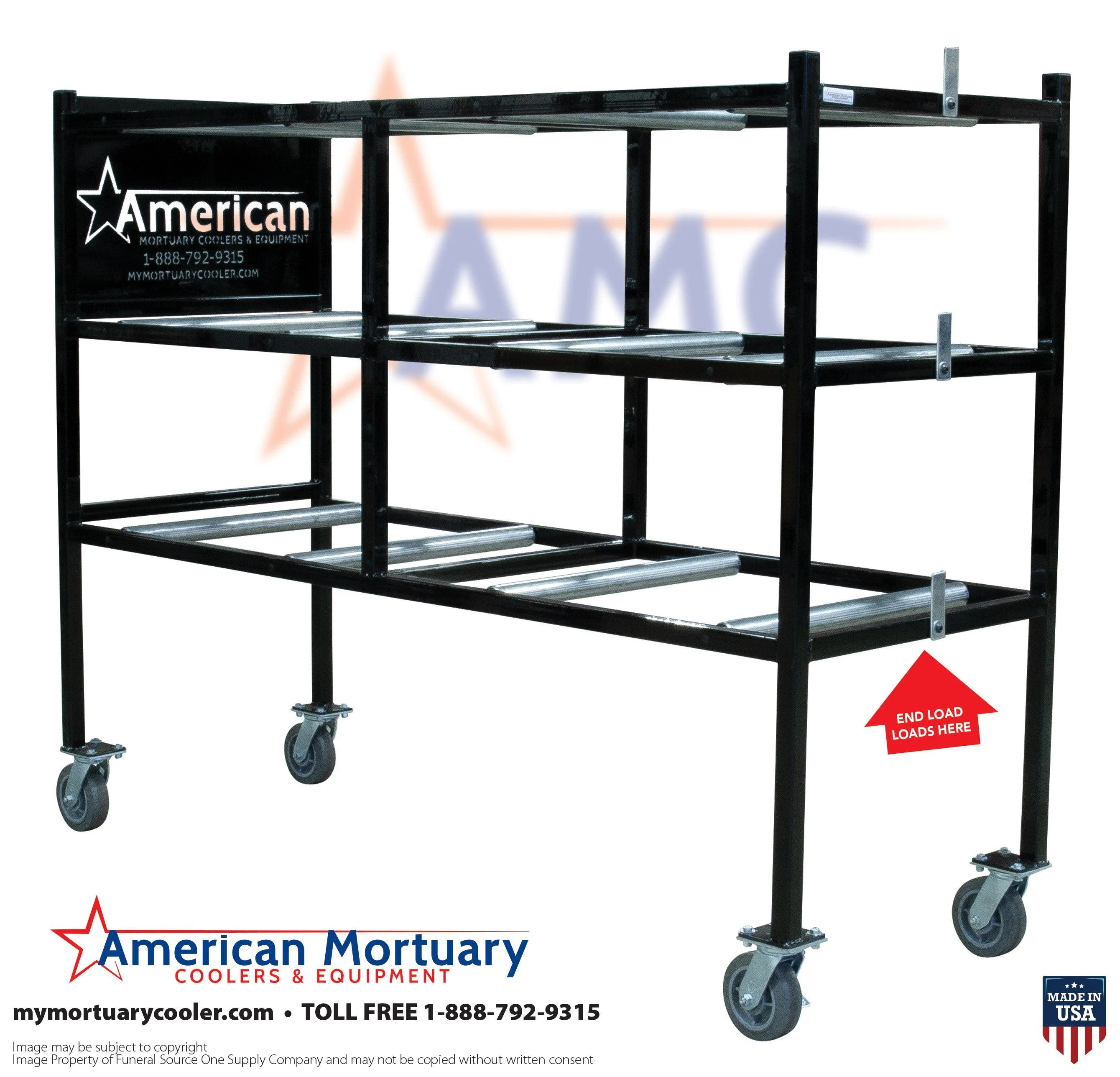 3 Tier End Loading Mortuary Roller Rack  Model # AMC 3TEL