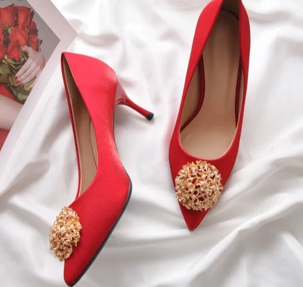 9 cm Red Wedding Shoes Pearl Metal Decoration Silk Satin High Heels for Chinese Wedding