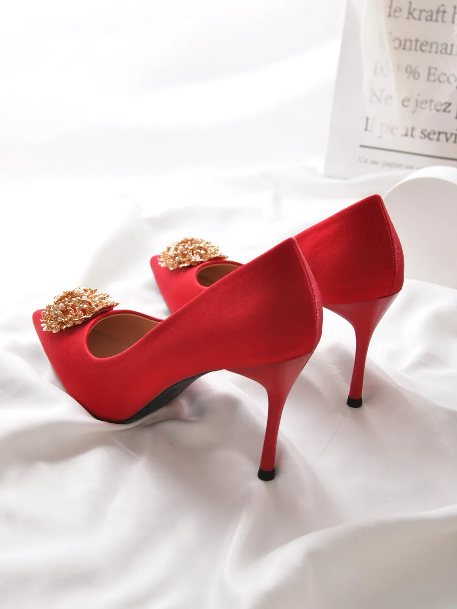 9 cm Red Wedding Shoes Pearl Metal Decoration Silk Satin High Heels for Chinese Wedding