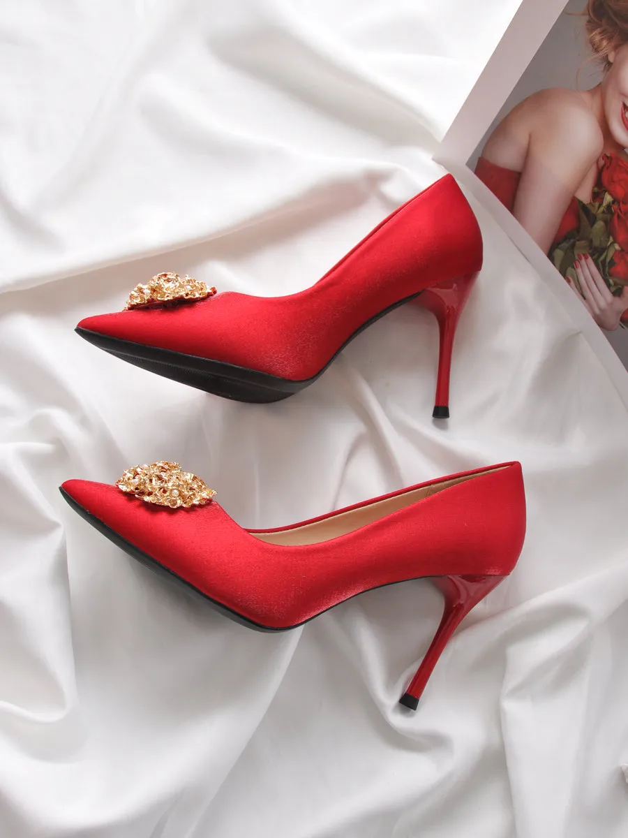 9 cm Red Wedding Shoes Pearl Metal Decoration Silk Satin High Heels for Chinese Wedding