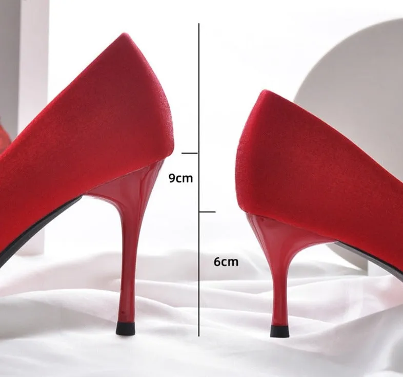 9 cm Red Wedding Shoes Pearl Metal Decoration Silk Satin High Heels for Chinese Wedding