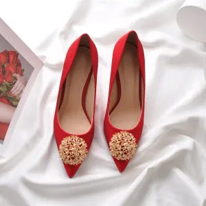 9 cm Red Wedding Shoes Pearl Metal Decoration Silk Satin High Heels for Chinese Wedding