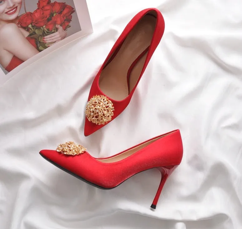 9 cm Red Wedding Shoes Pearl Metal Decoration Silk Satin High Heels for Chinese Wedding