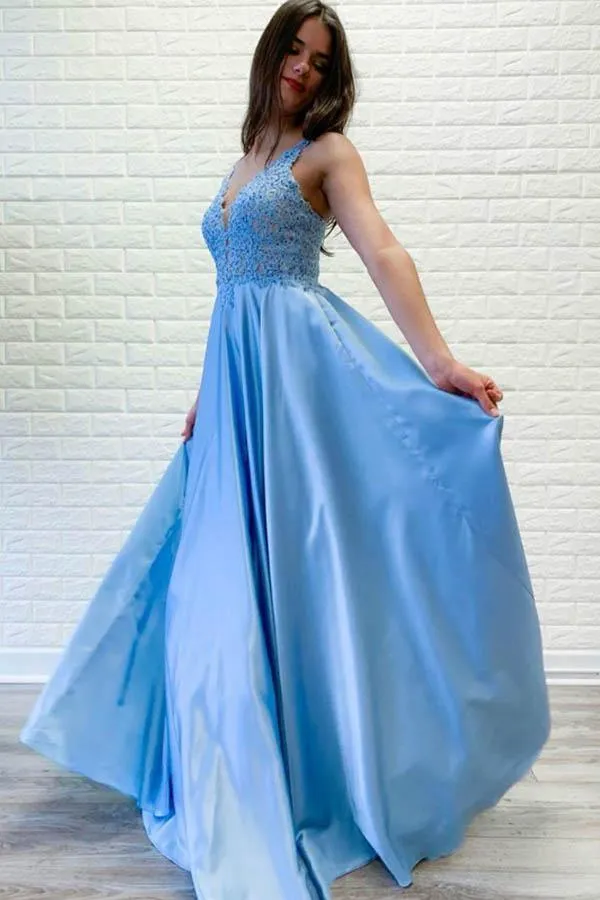 A-Line Blue Satin V-neck Lace Sleeveless Long Prom Dress PM228