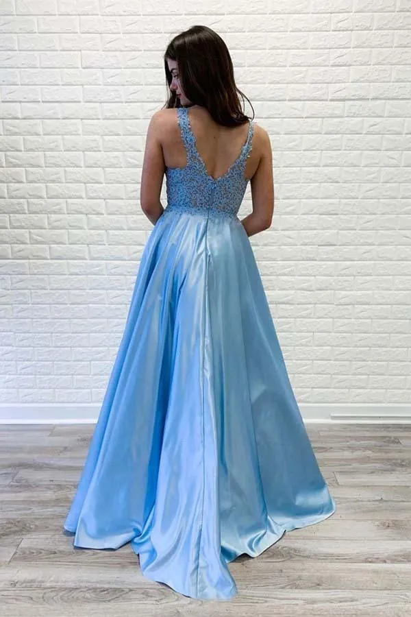 A-Line Blue Satin V-neck Lace Sleeveless Long Prom Dress PM228