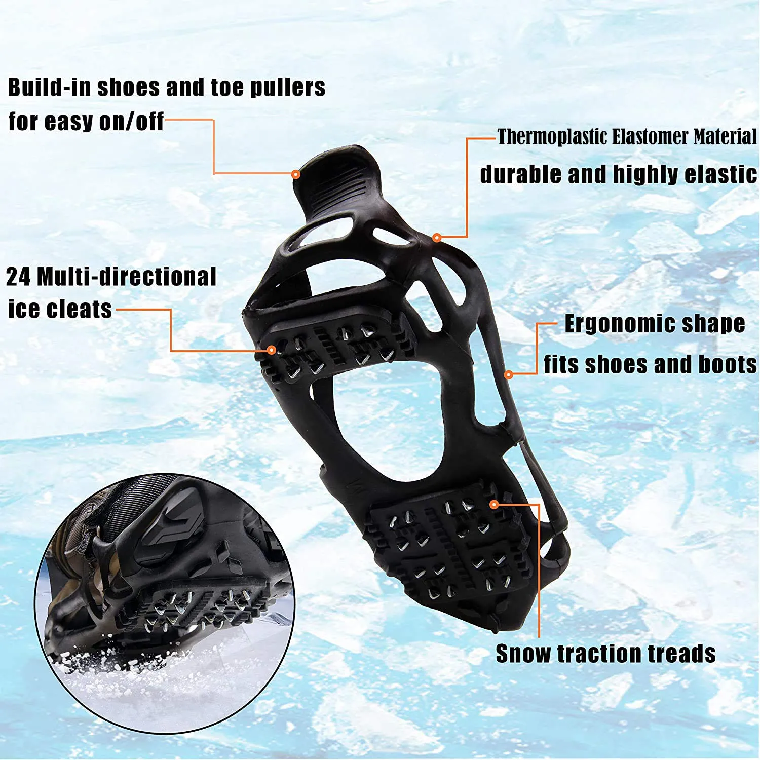 AGOOL Ice Cleats Snow Traction Cleats Crampon for Walking on Snow and Ice Non-Slip Overshoe Rubber Anti Slip Crampons Slip-on Stretch Footwear 24 Steel with Velcro Strap Small(4-5 men/5.5-7 women)