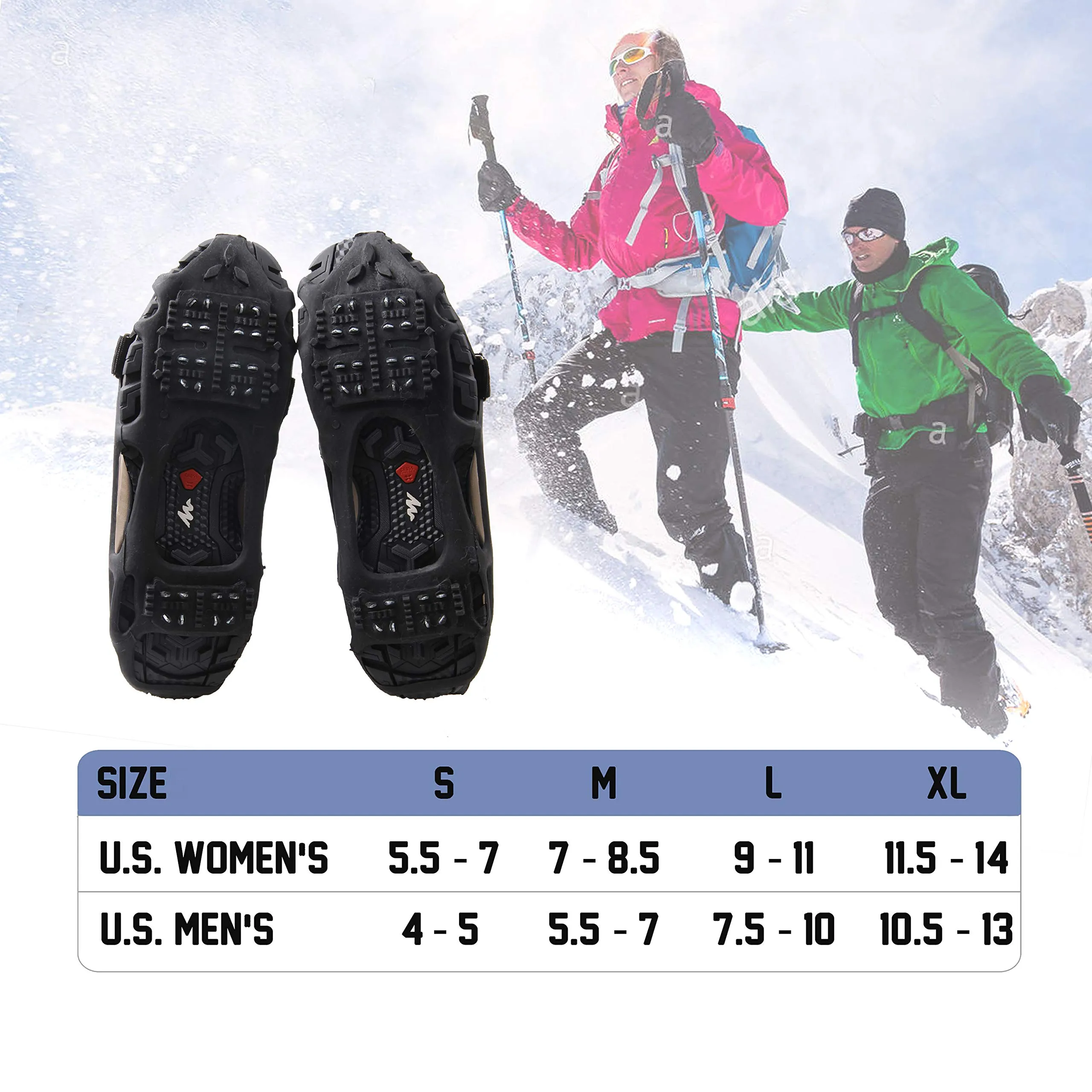 AGOOL Ice Cleats Snow Traction Cleats Crampon for Walking on Snow and Ice Non-Slip Overshoe Rubber Anti Slip Crampons Slip-on Stretch Footwear 24 Steel with Velcro Strap Small(4-5 men/5.5-7 women)