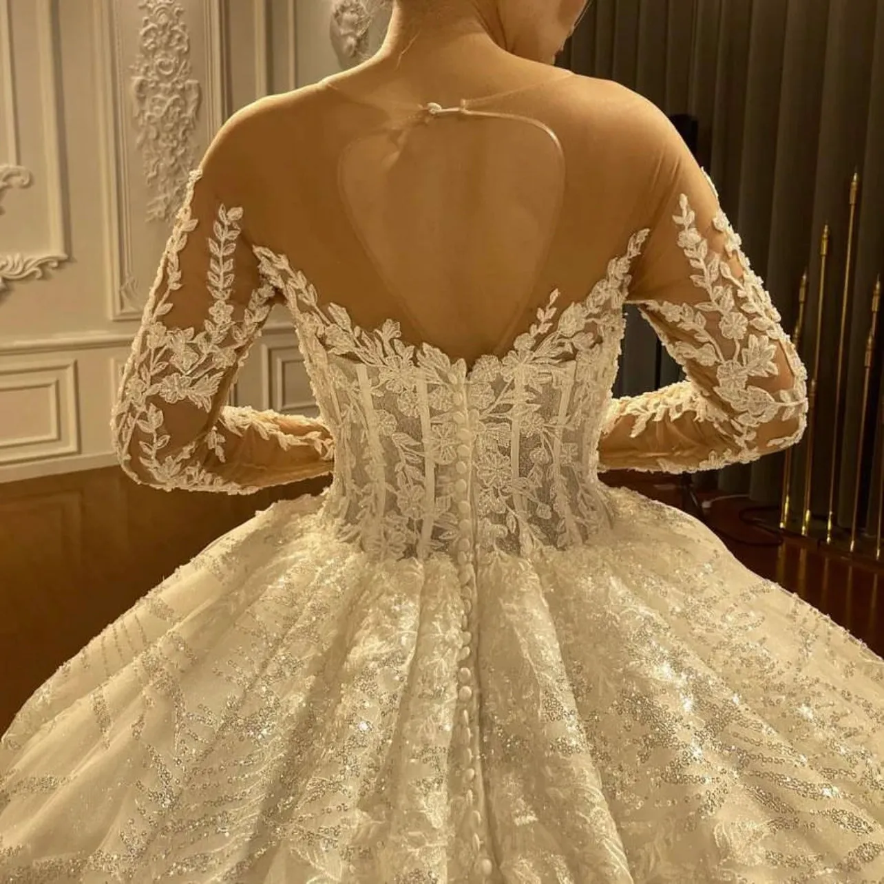 AM1075 illusion Ball Gown Glitter Sparkle Low V neck Luxury Affordable Wedding Dress Lace Applique