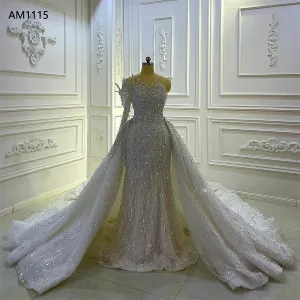 AM1115 One Shoulder Lace 2 in 1 detachable train mermaid bridal gown Luxury Wedding Dress