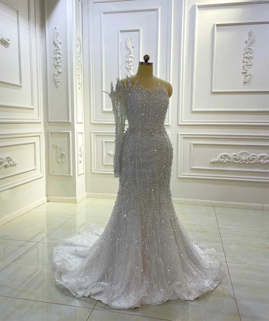 AM1115 One Shoulder Lace 2 in 1 detachable train mermaid bridal gown Luxury Wedding Dress