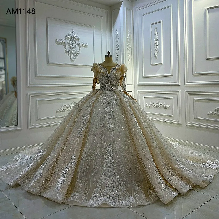 AM1148 Long Sleeve Lace Champagne Luxury long sleeve Wedding Dress