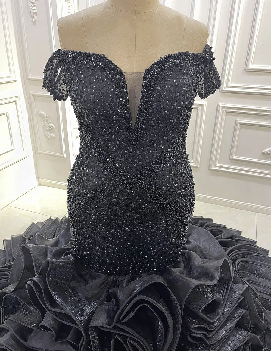 AM1270 Luxury Beaded Mermaid Black Luxury beaded pearls Wedding Dress