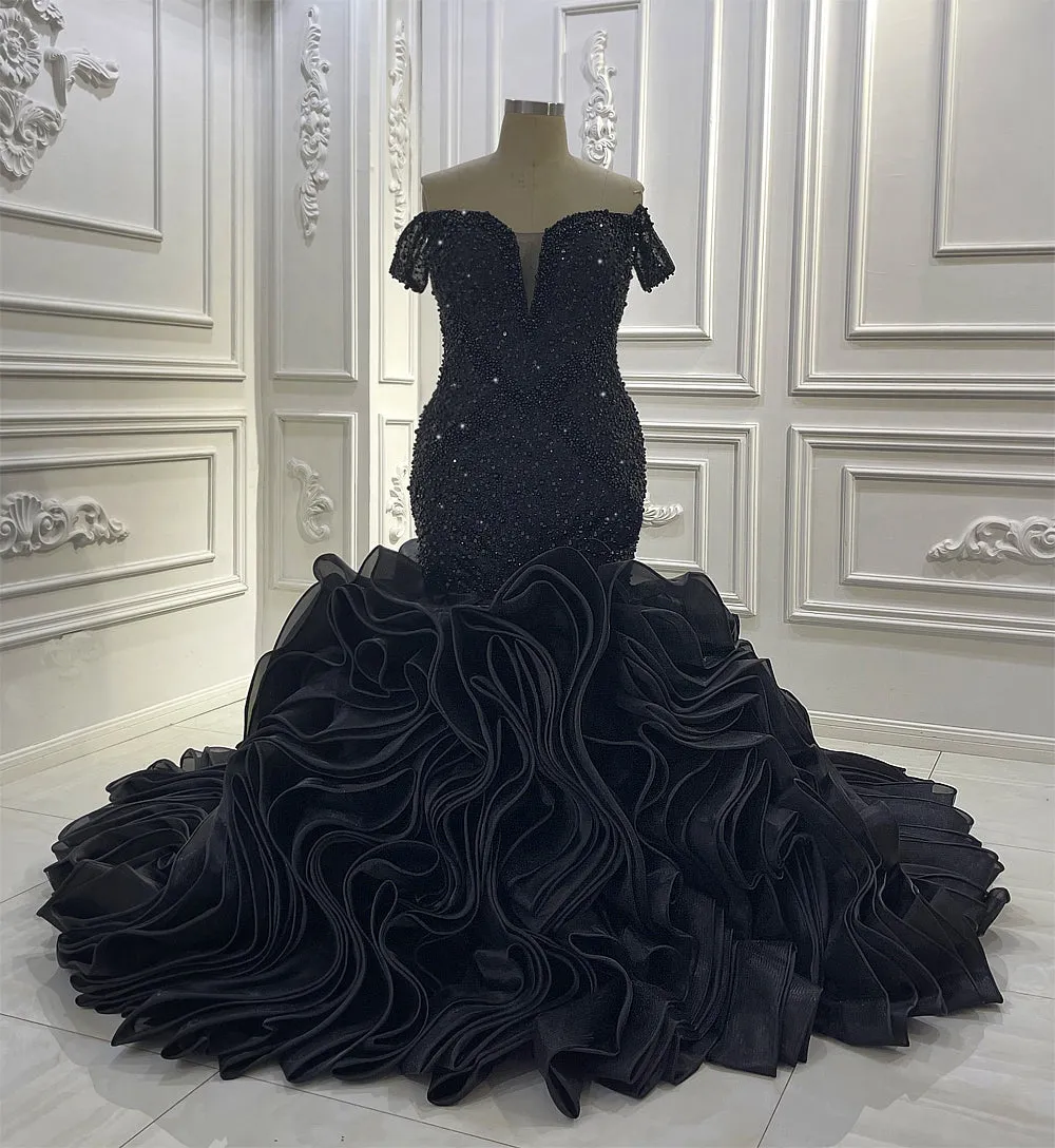 AM1270 Luxury Beaded Mermaid Black Luxury beaded pearls Wedding Dress