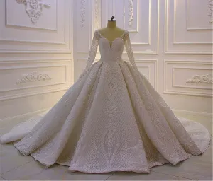 AM209 Long Sleeve Luxury Lace Beading Wedding Dress