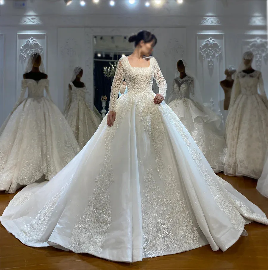 AM601 Long Sleeve Lace Appliques Ball Gown Wedding Dress