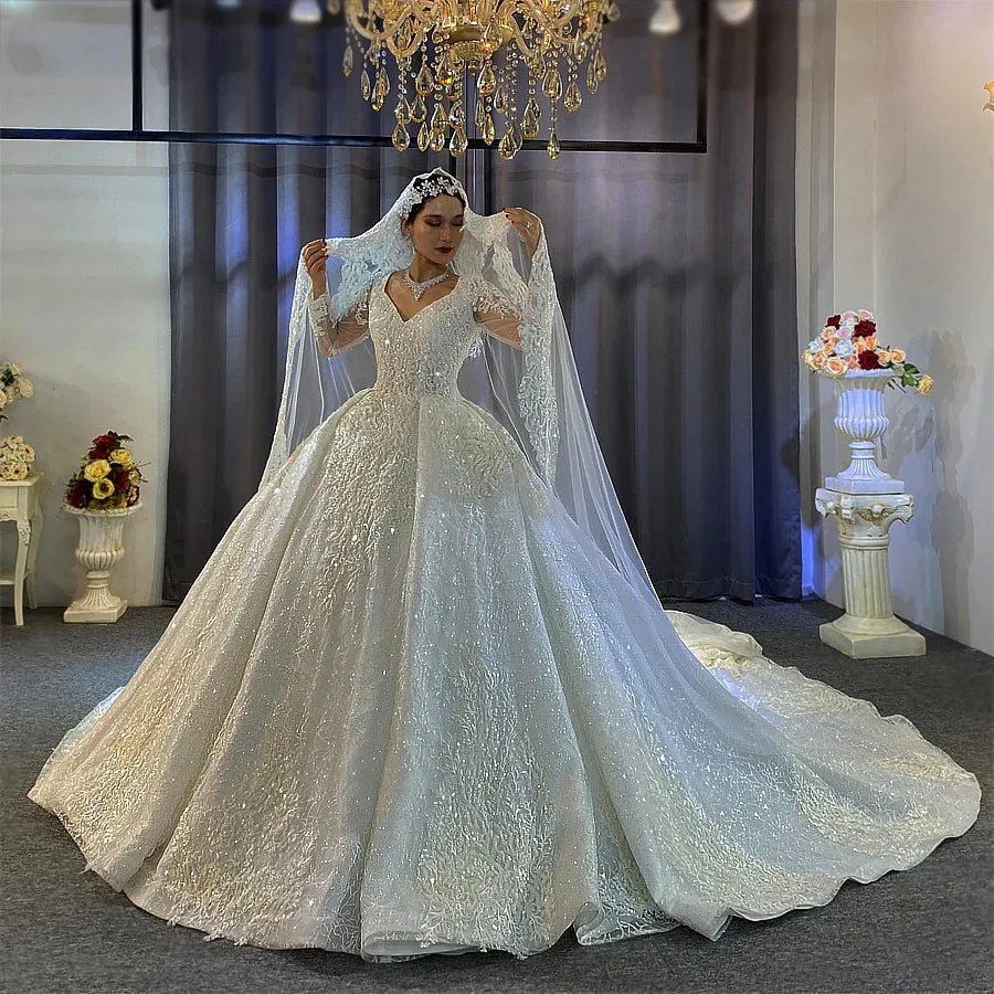 AM601 Long Sleeve Lace Appliques Ball Gown Wedding Dress