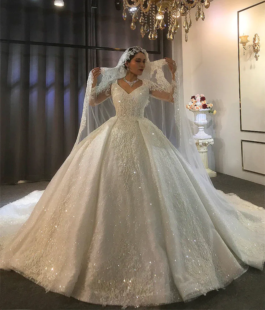 AM601 Long Sleeve Lace Appliques Ball Gown Wedding Dress