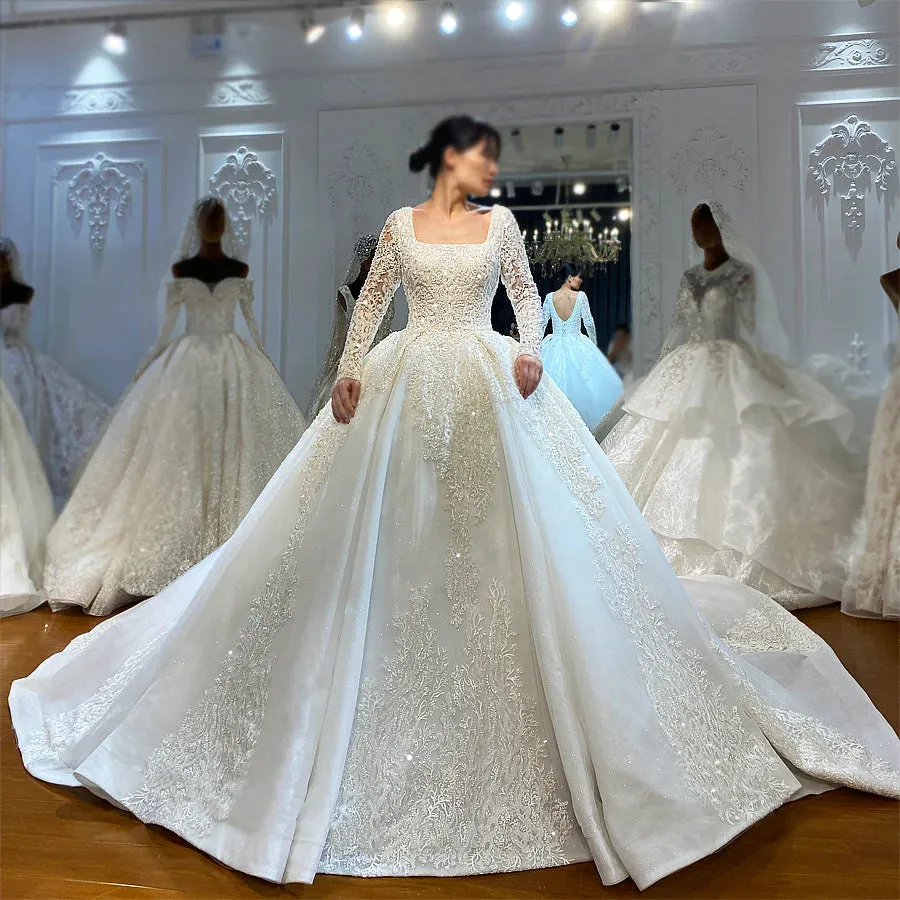 AM601 Long Sleeve Lace Appliques Ball Gown Wedding Dress