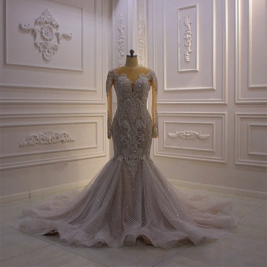 AM621 Lace Appliques Glitter Champagne Wedding Dress Mermaid