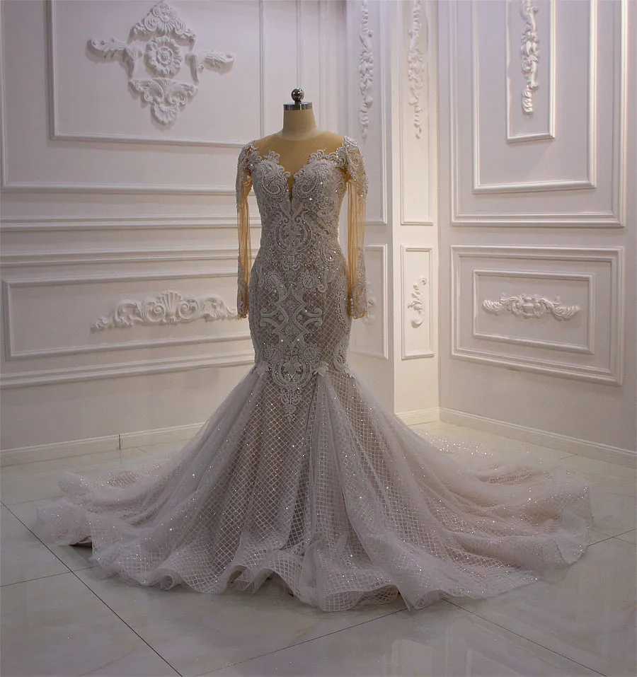 AM621 Lace Appliques Glitter Champagne Wedding Dress Mermaid