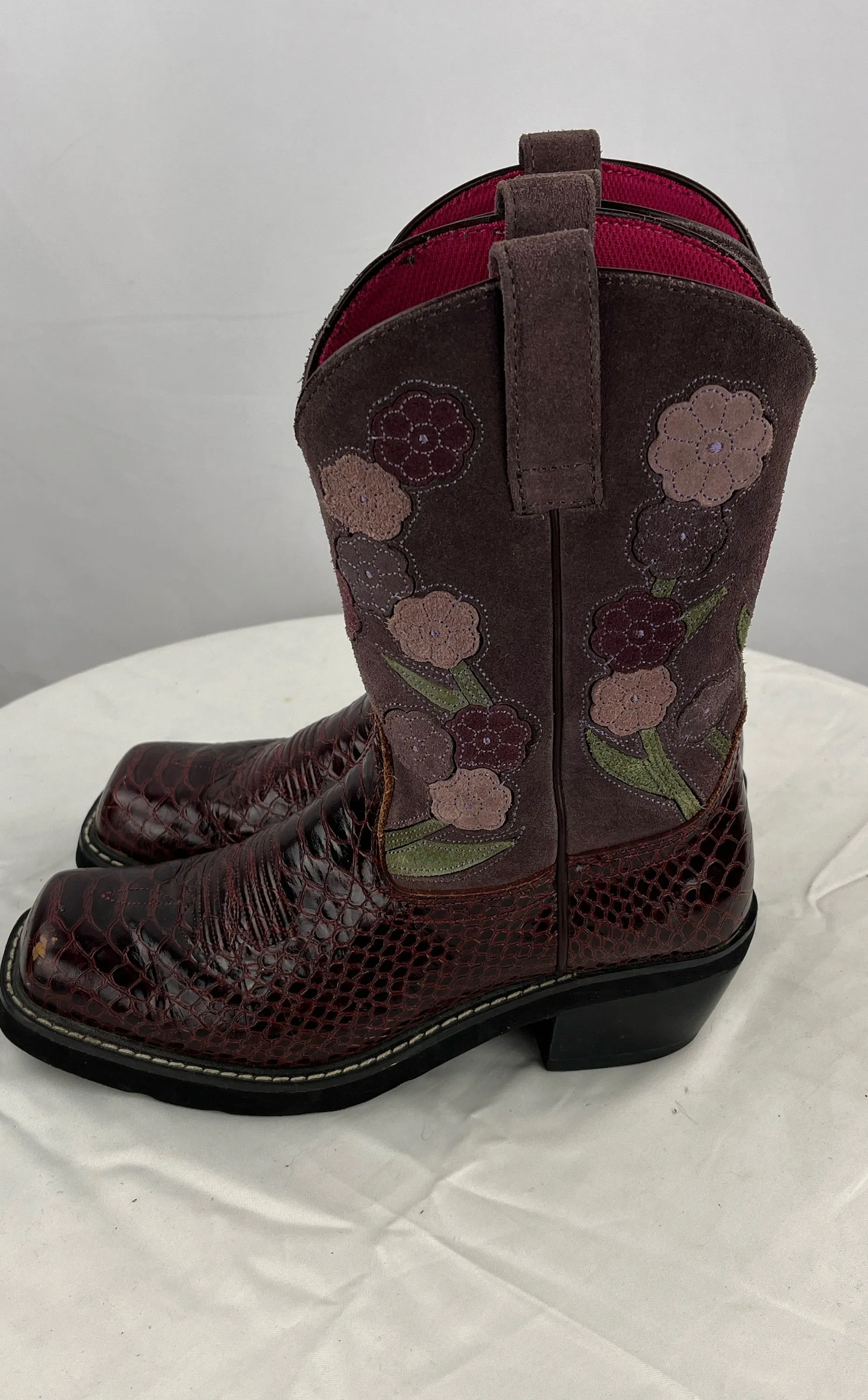 Ariat Women's Snake Print Floral Maroon Leather Cowgirl Western Boots Size 8.5B