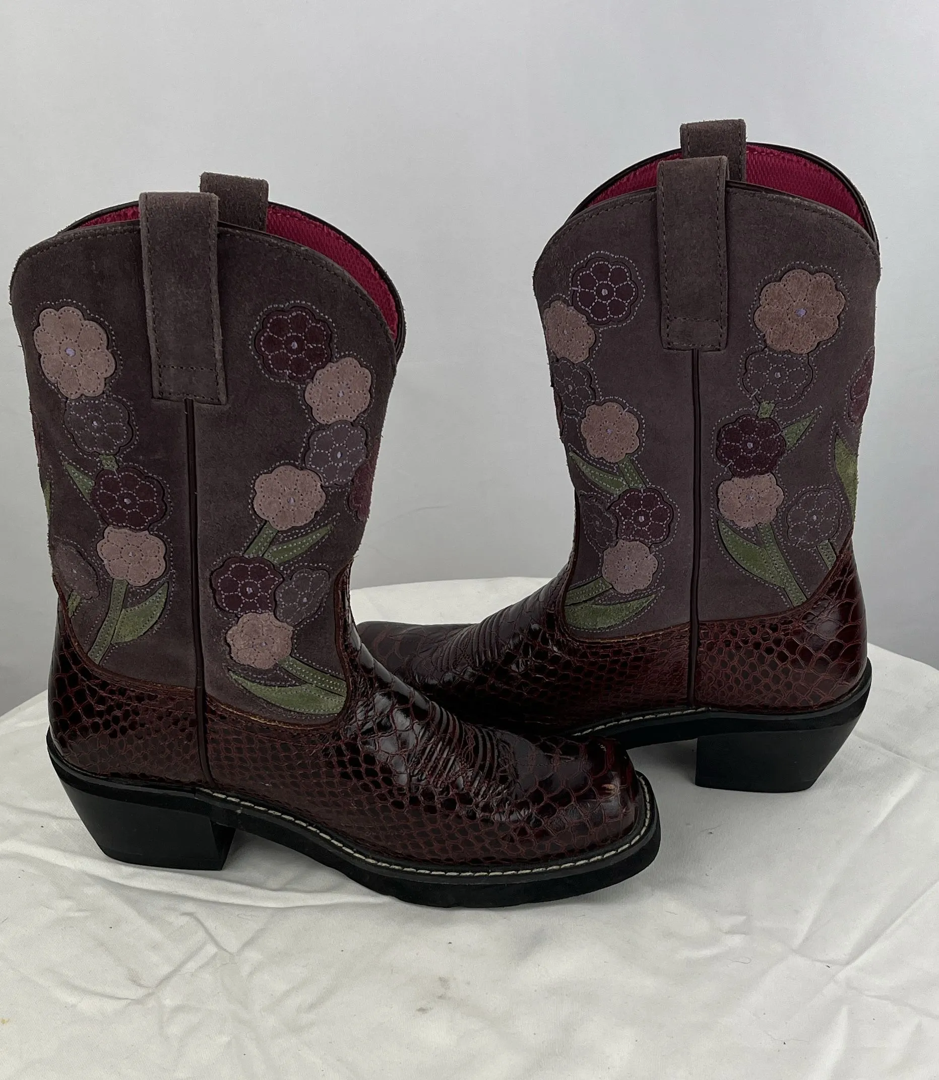 Ariat Women's Snake Print Floral Maroon Leather Cowgirl Western Boots Size 8.5B