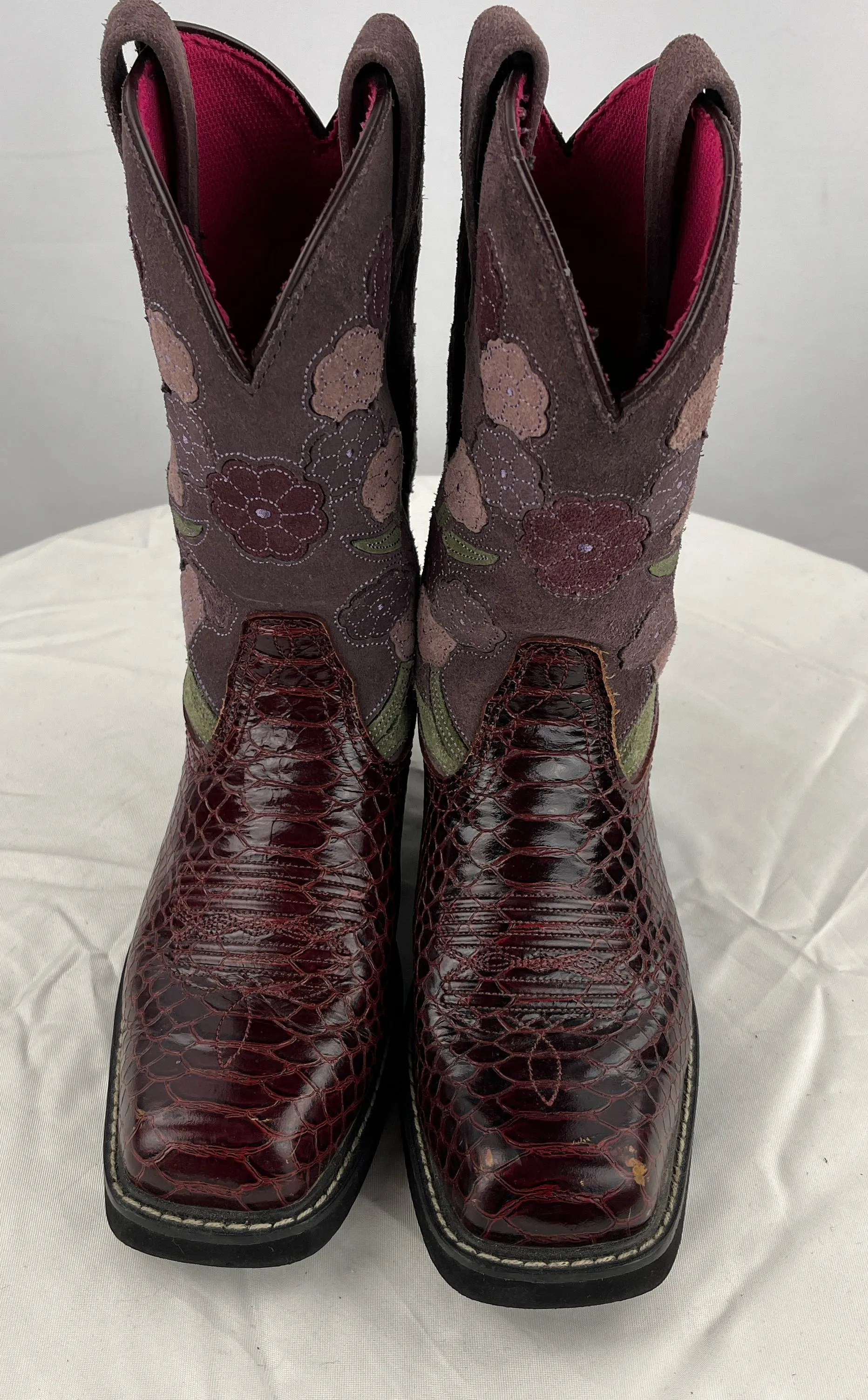 Ariat Women's Snake Print Floral Maroon Leather Cowgirl Western Boots Size 8.5B