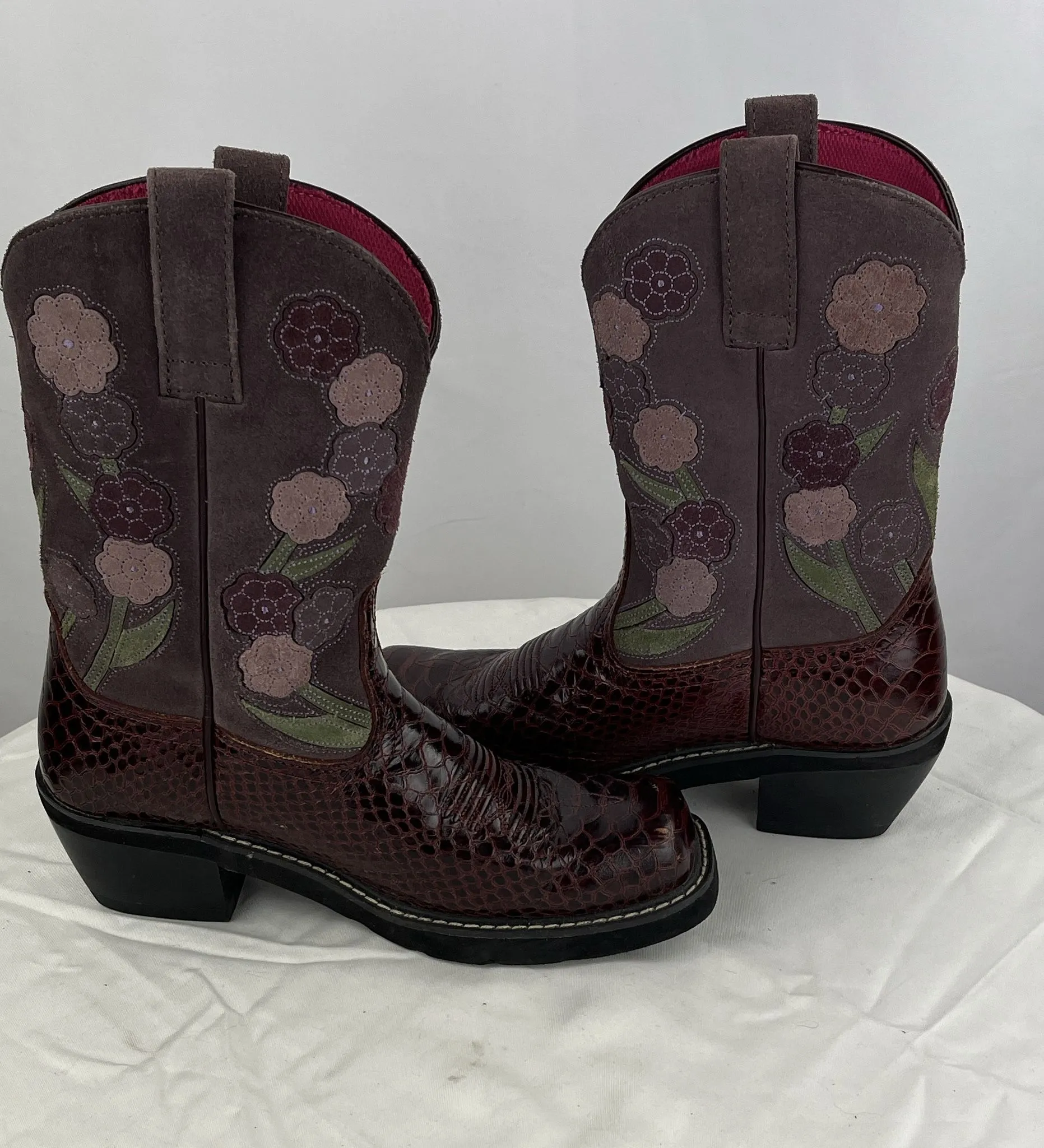 Ariat Women's Snake Print Floral Maroon Leather Cowgirl Western Boots Size 8.5B