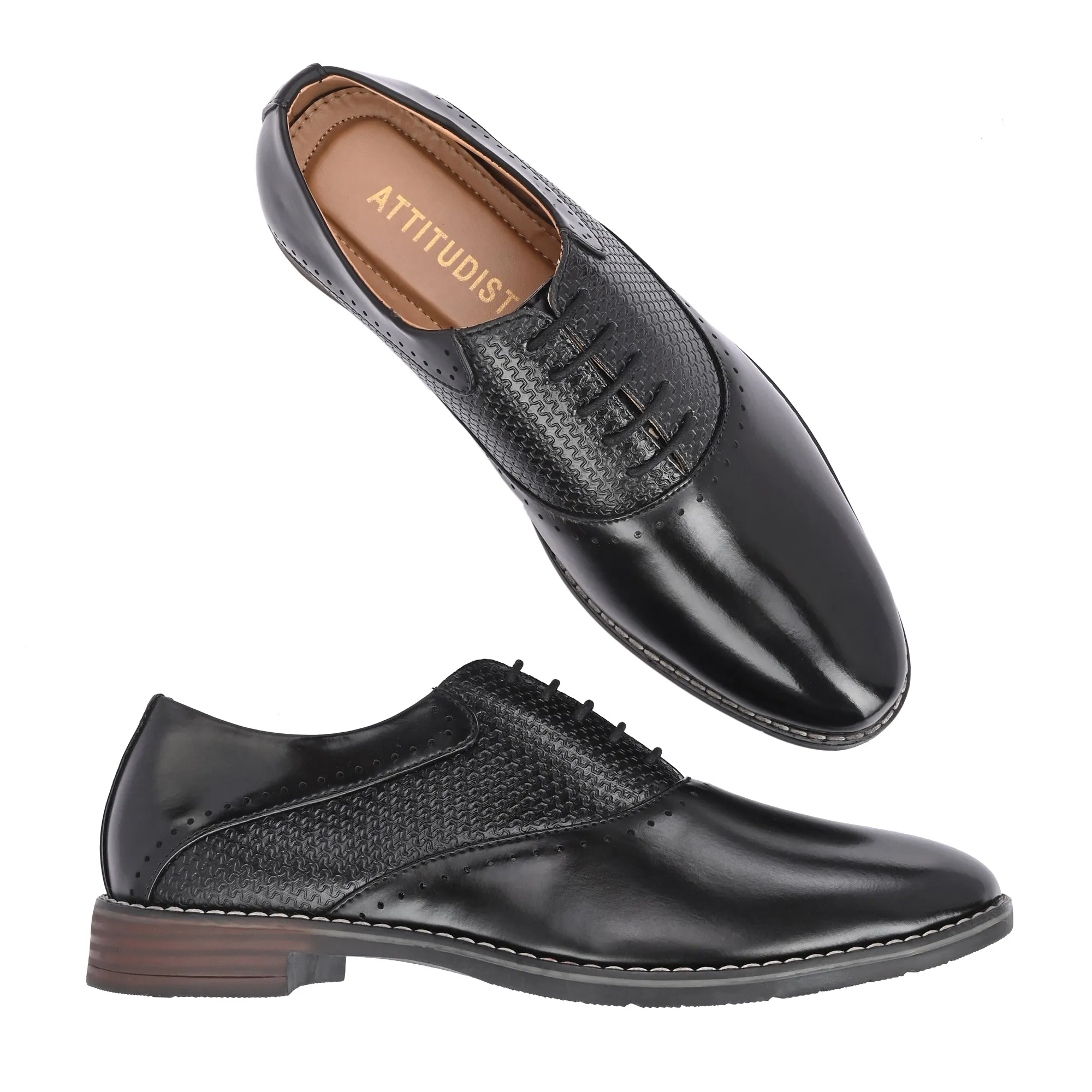 Attitudist Unisex Handcrafted Oxford Gradient Black Formal Laceup Derby Shoes With Semi Chatai Design