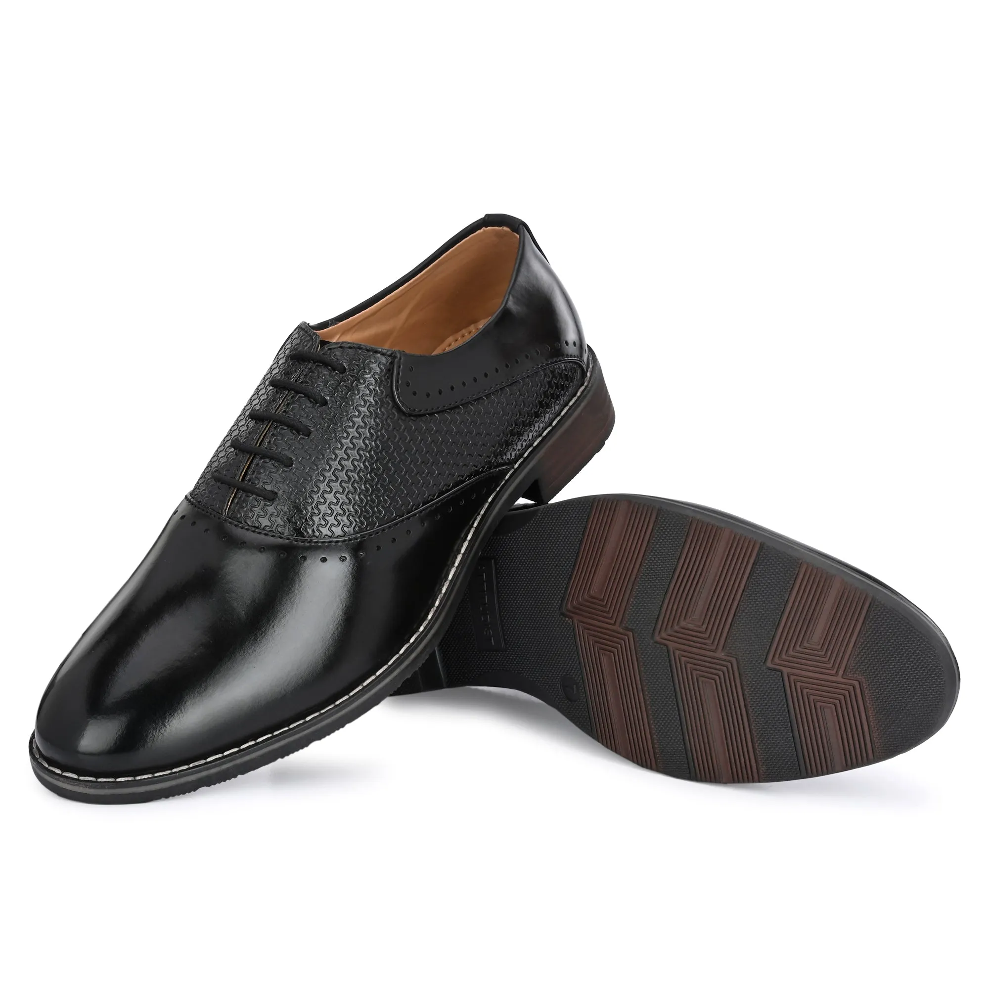 Attitudist Unisex Handcrafted Oxford Gradient Black Formal Laceup Derby Shoes With Semi Chatai Design