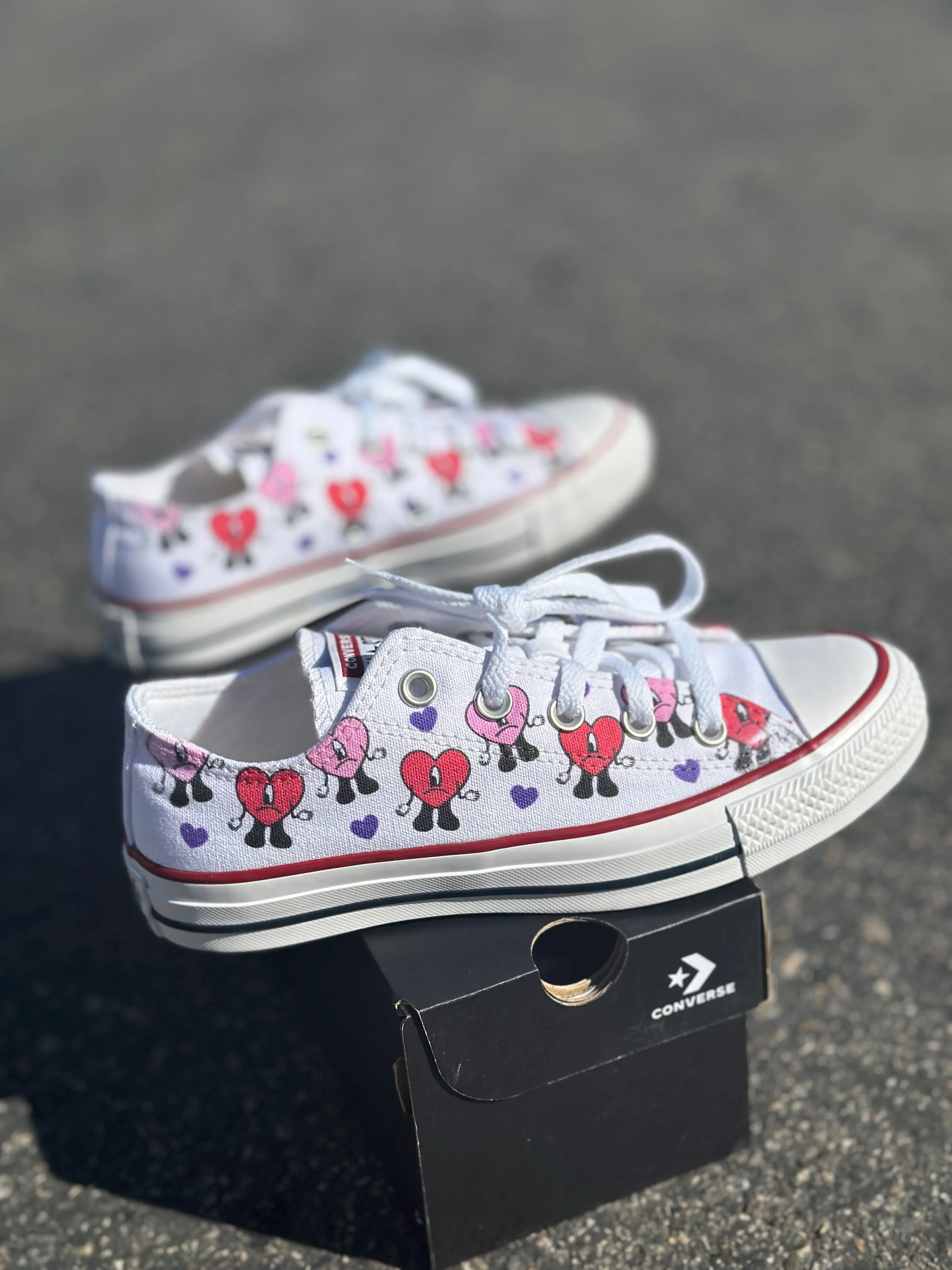 Bad Bunny Valentines Day Heart Band Custom Low Top Converse White: LIMITED TIME ONLY - Custom Converse Shoes