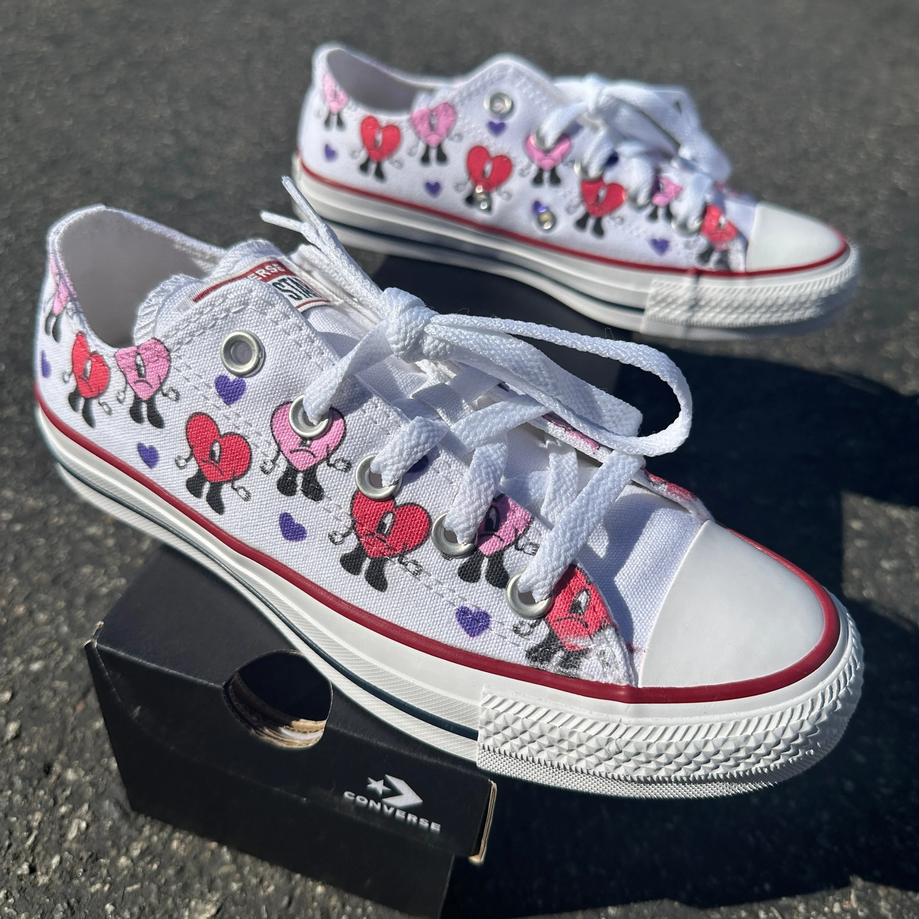 Bad Bunny Valentines Day Heart Band Custom Low Top Converse White: LIMITED TIME ONLY - Custom Converse Shoes