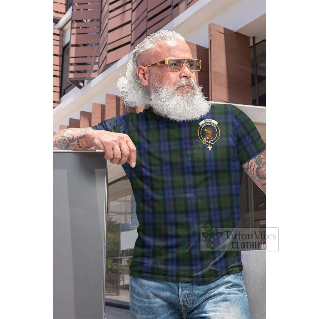 Baird Tartan Cotton T-shirt with Family Crest and Bearded Skull Holding Bottles of Whiskey