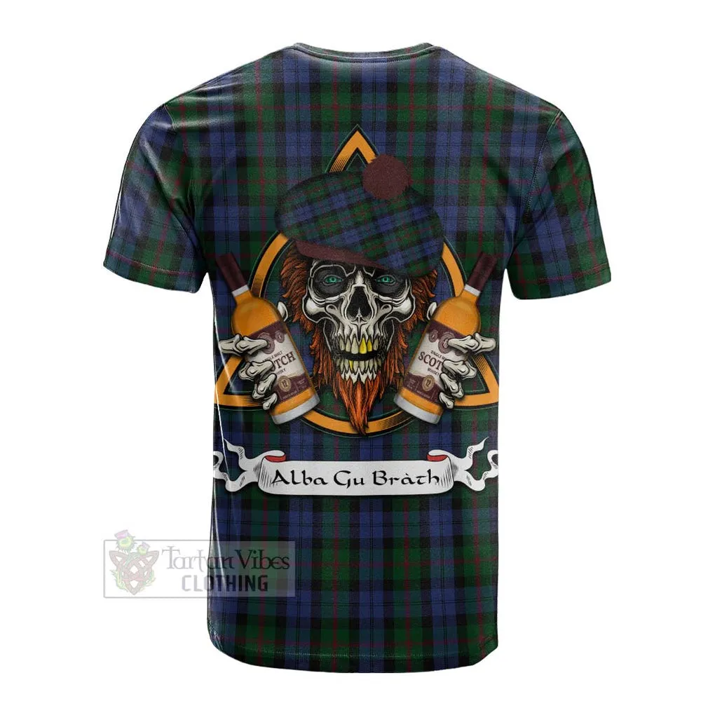 Baird Tartan Cotton T-shirt with Family Crest and Bearded Skull Holding Bottles of Whiskey