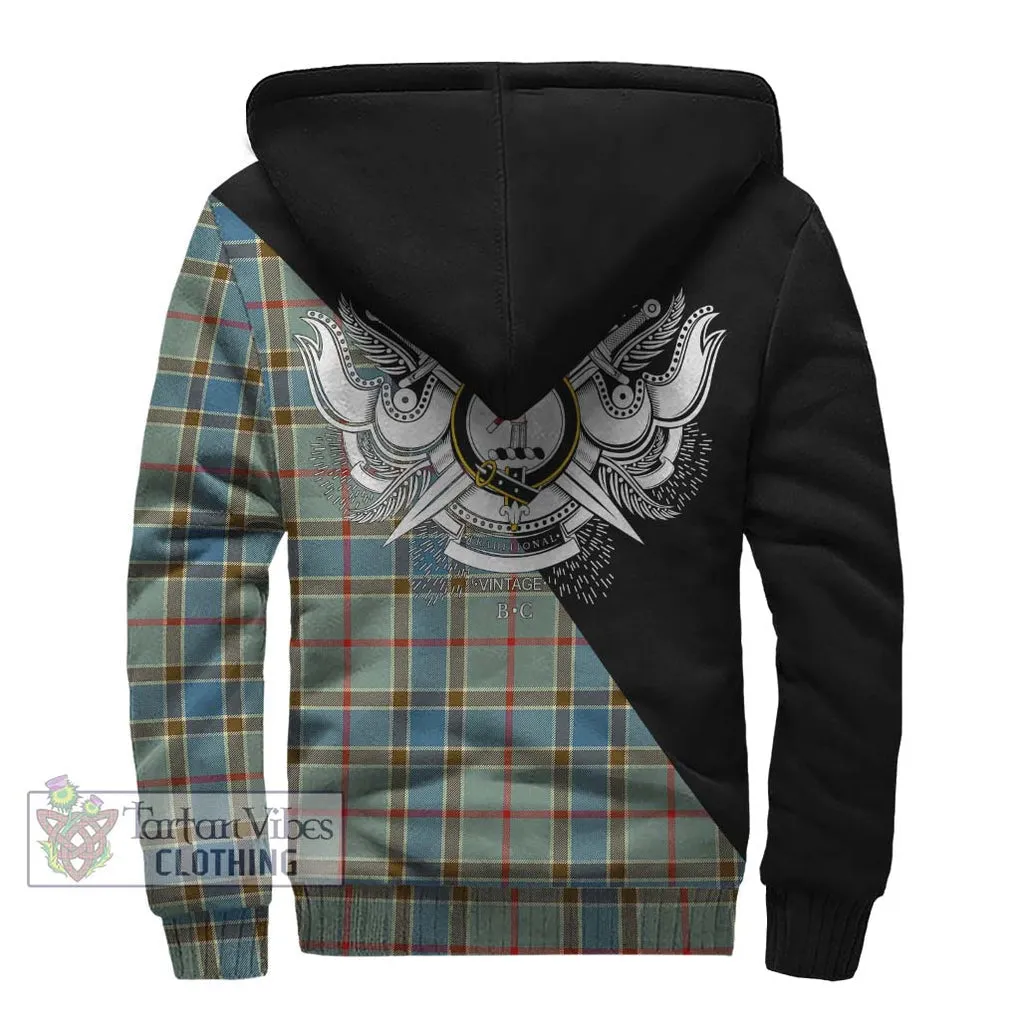 Balfour Blue Tartan Sherpa Hoodie with Family Crest and Military Logo Style