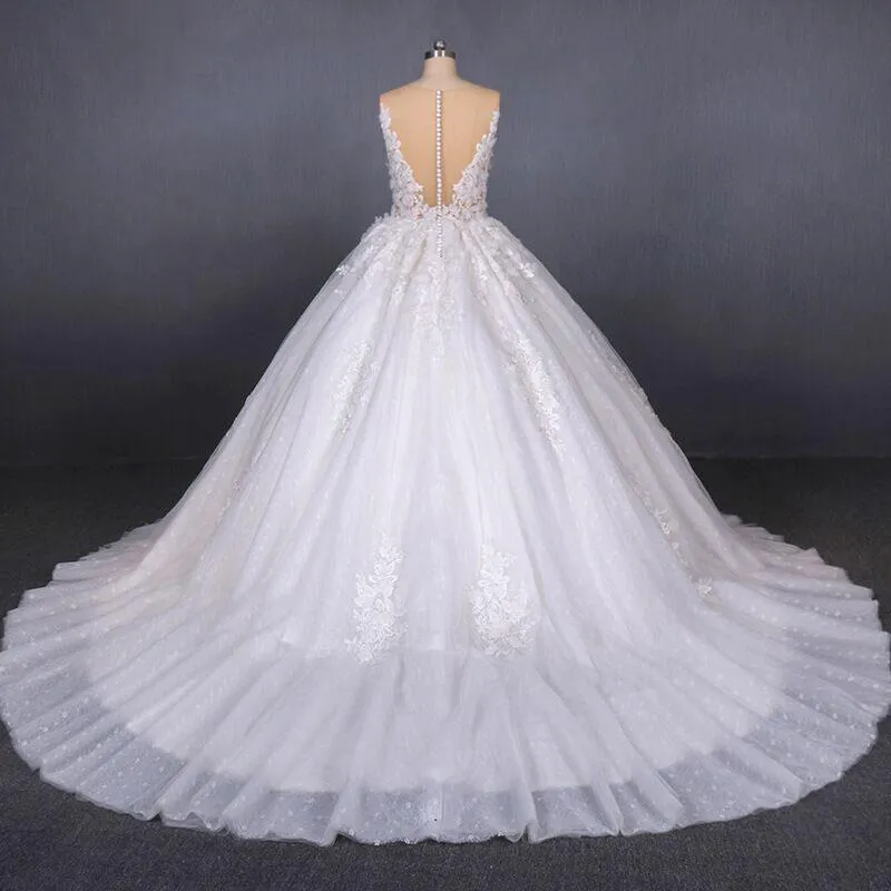 Ball Gown Sheer Neck Sleeveless White Wedding Dress Lace Appliqued Bridal Dress N2297