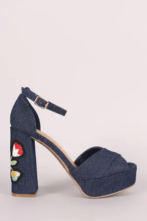 Bamboo Denim Embroidered Floral Chunky Platform Heel