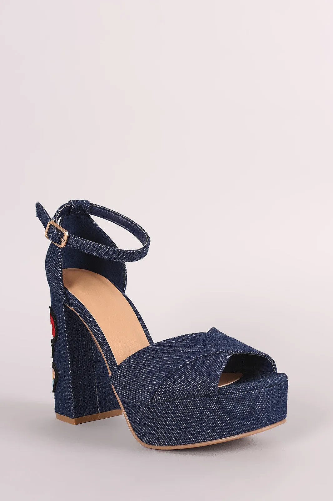 Bamboo Denim Embroidered Floral Chunky Platform Heel