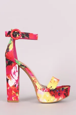 Bamboo Floral Print Open Toe Platform Chunky Heel