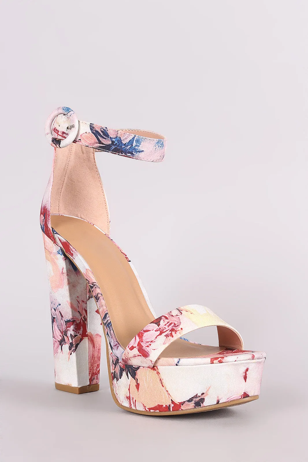 Bamboo Floral Print Open Toe Platform Chunky Heel