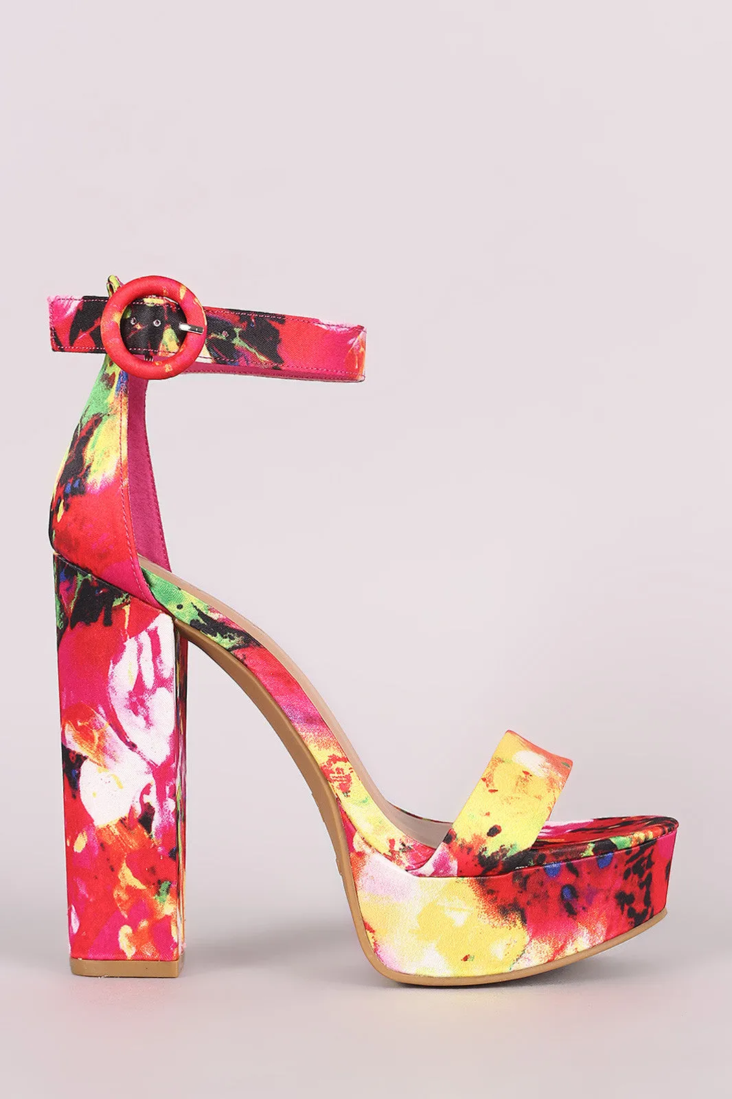 Bamboo Floral Print Open Toe Platform Chunky Heel