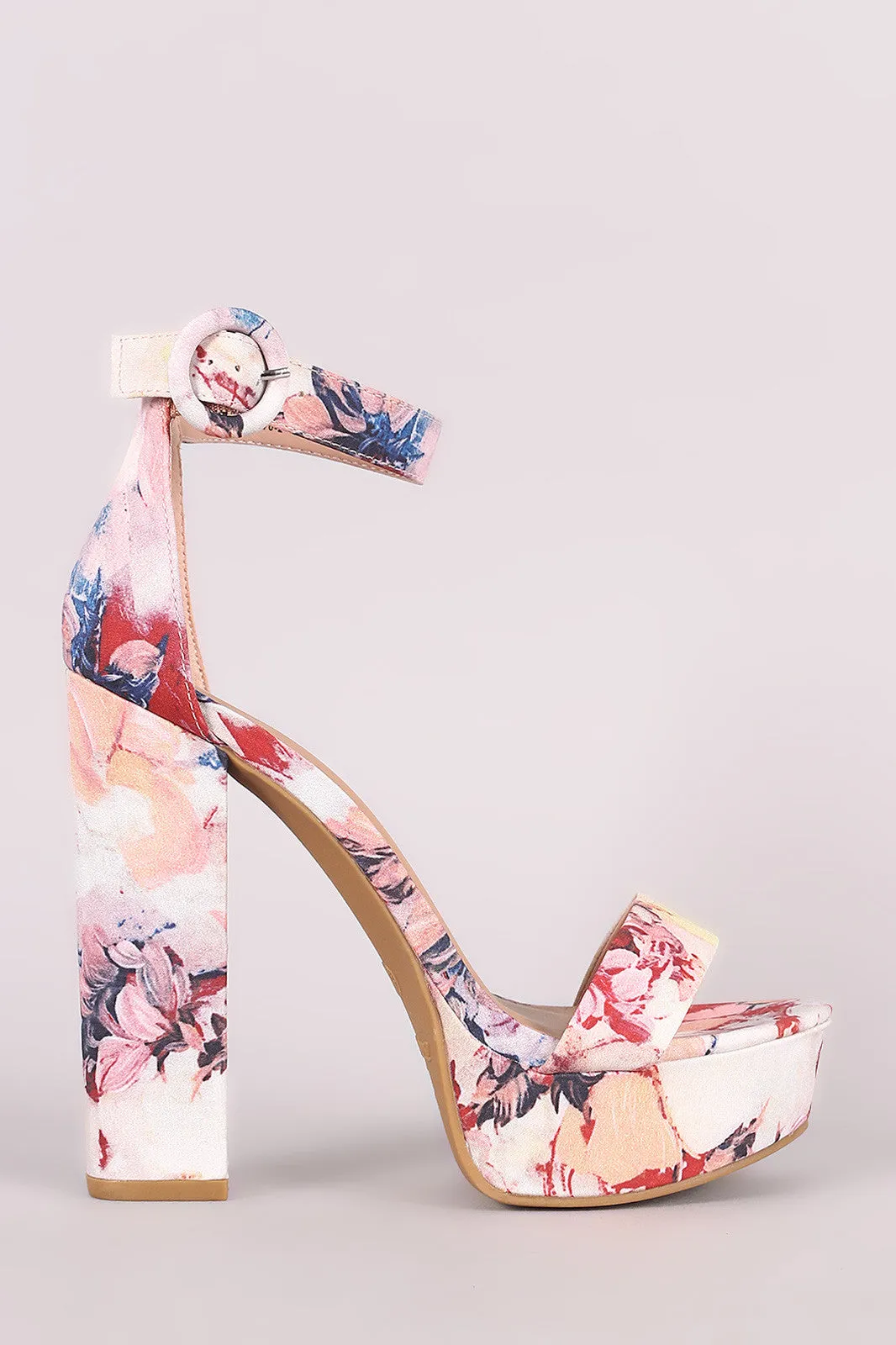 Bamboo Floral Print Open Toe Platform Chunky Heel