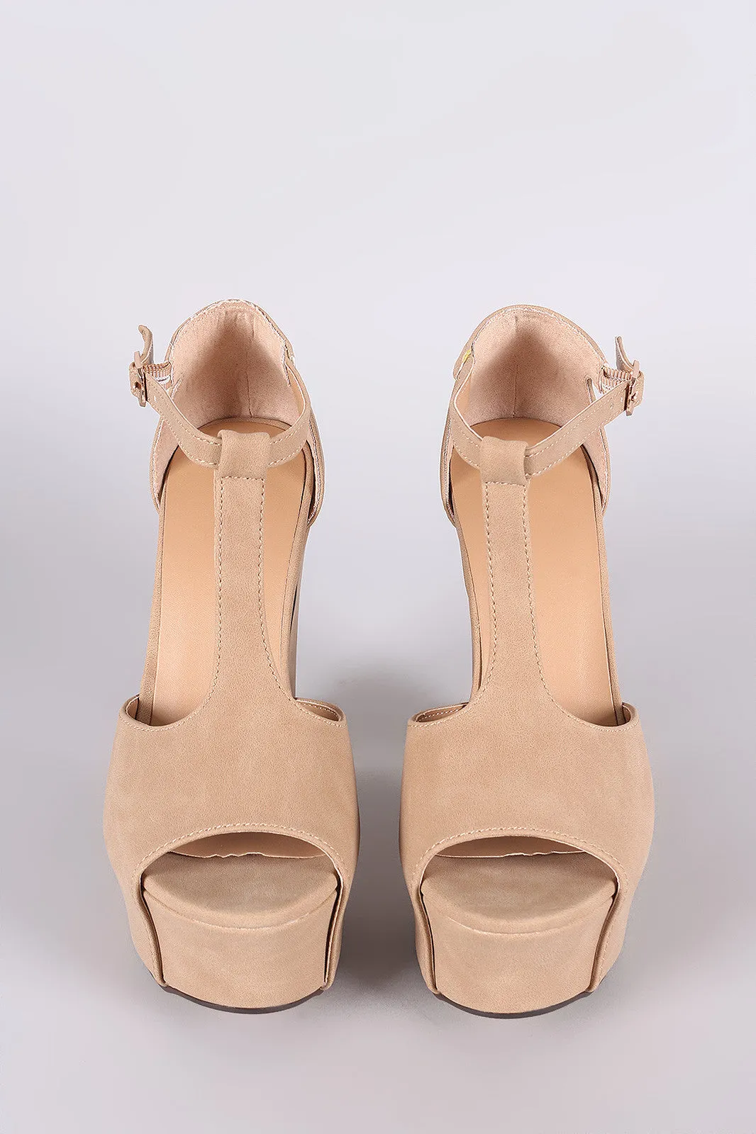 Bamboo Nubuck Peep Toe T-Strap Chunky Platform Heel