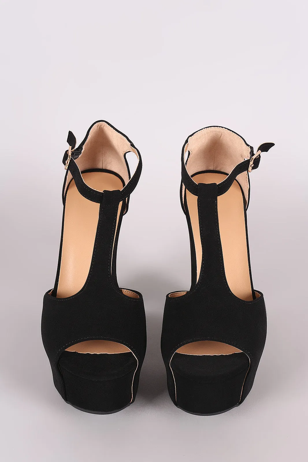 Bamboo Nubuck Peep Toe T-Strap Chunky Platform Heel