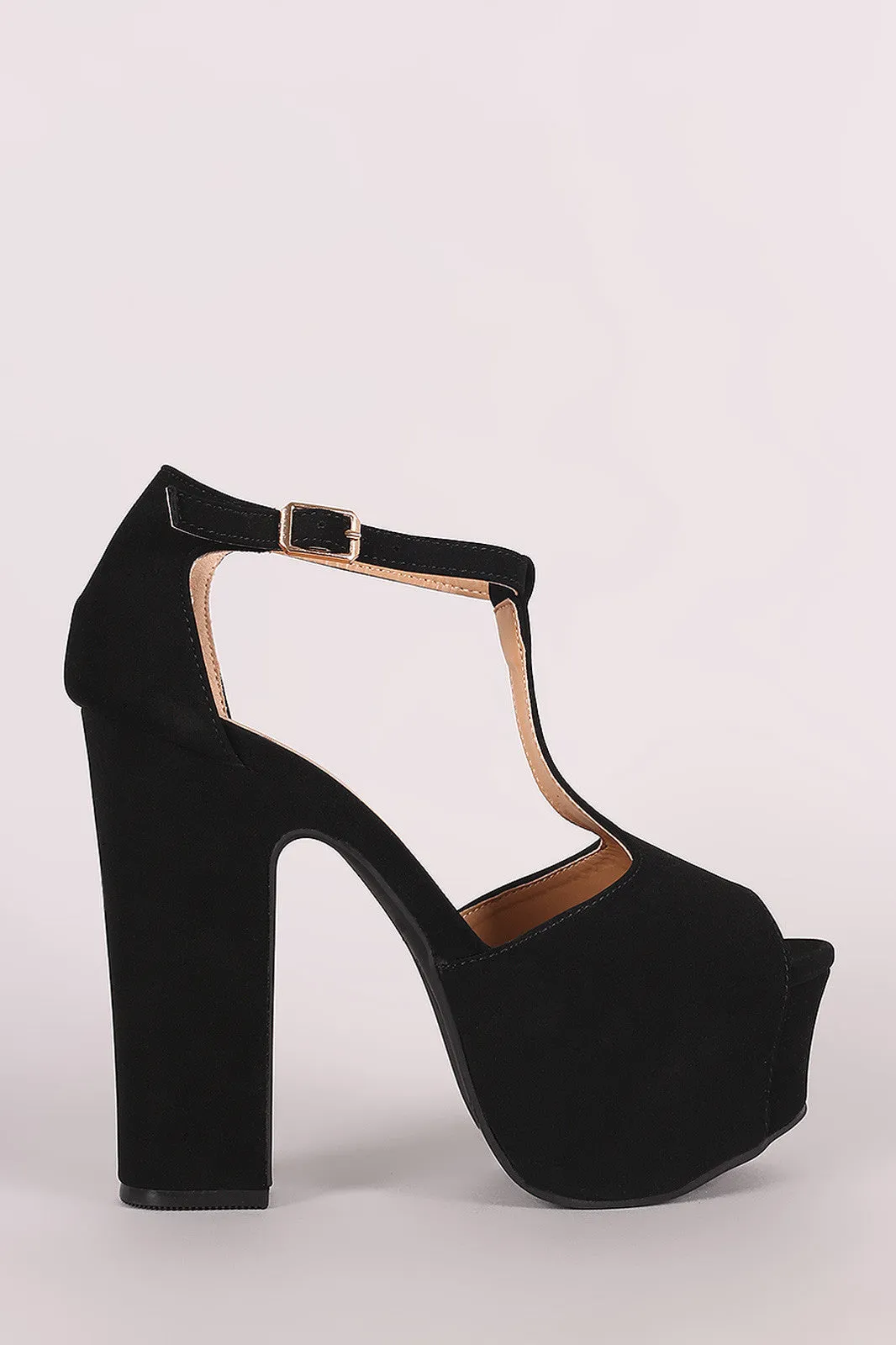 Bamboo Nubuck Peep Toe T-Strap Chunky Platform Heel