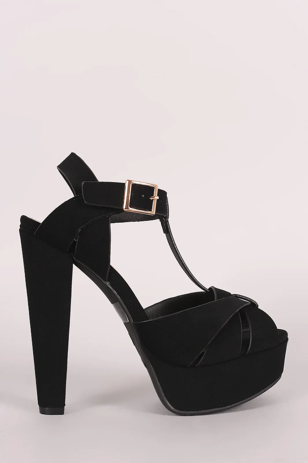 Bamboo Nubuck T-Strap Chunky Platform Heel