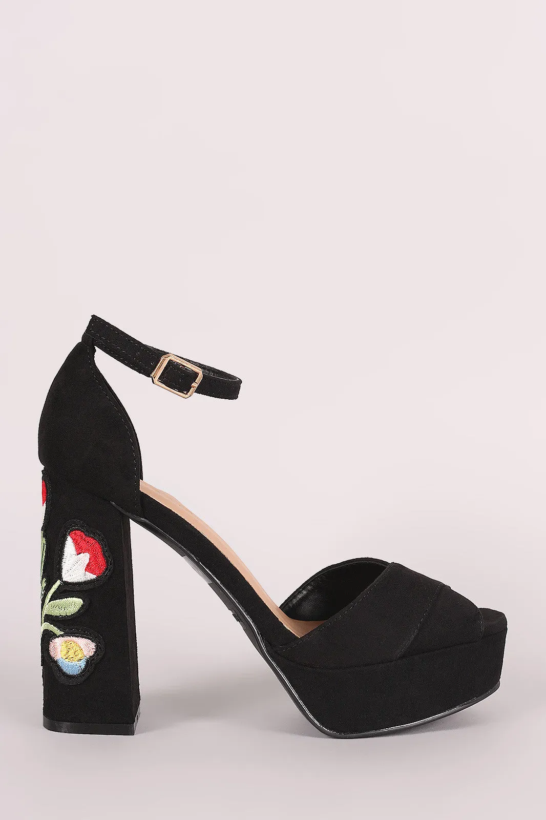 Bamboo Suede Embroidered Floral Chunky Platform Heel