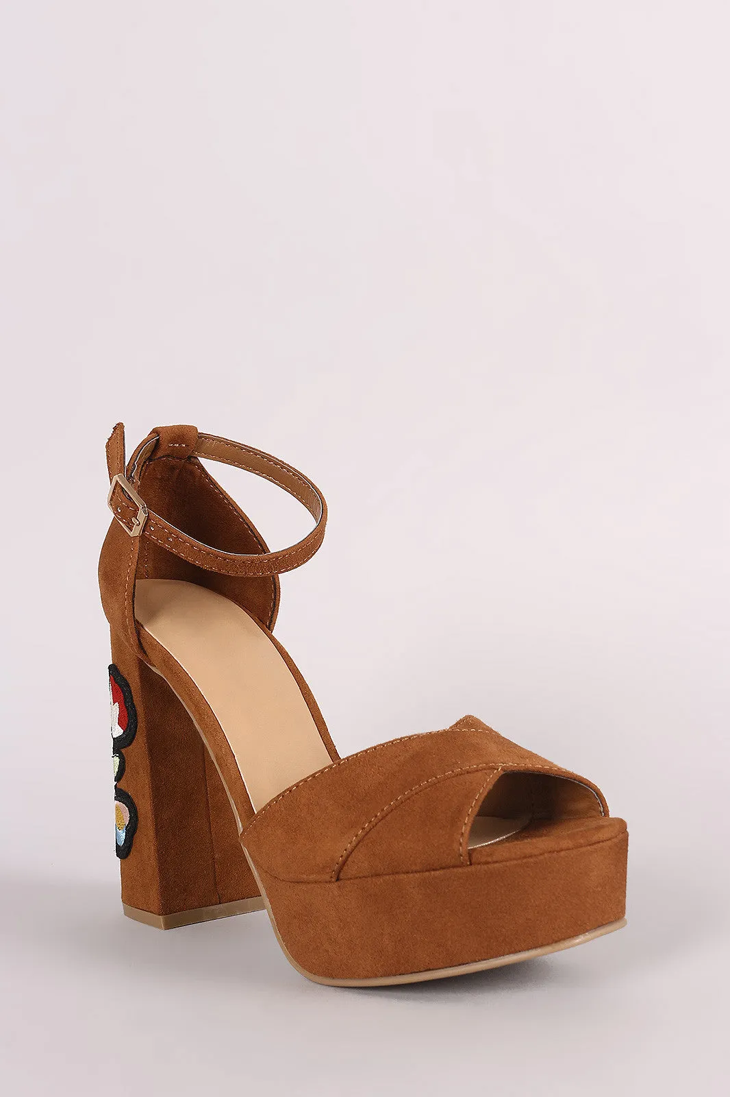 Bamboo Suede Embroidered Floral Chunky Platform Heel