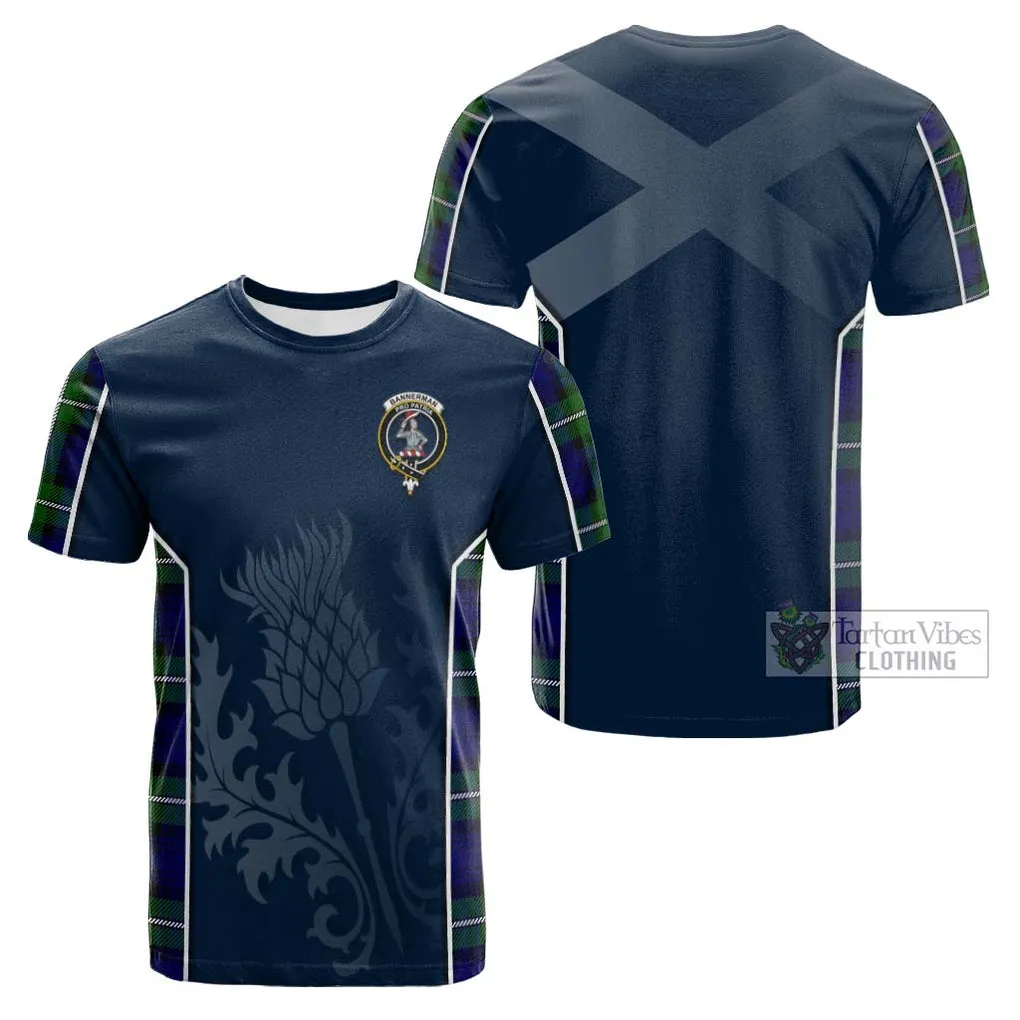 Bannerman Tartan Cotton T-shirt with Family Crest and Scottish Thistle Vibes Sport Style