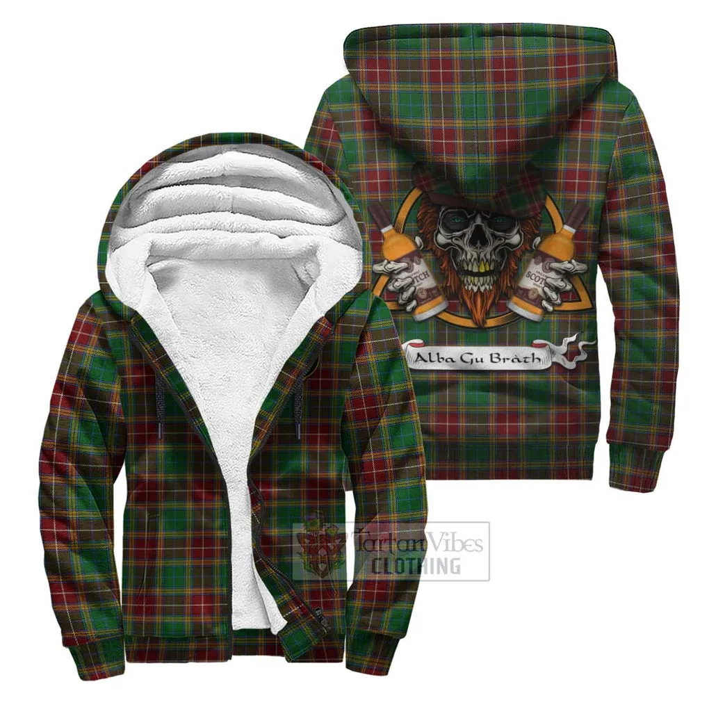 Baxter Tartan Sherpa Hoodie with Family Crest and Bearded Skull Holding Bottles of Whiskey